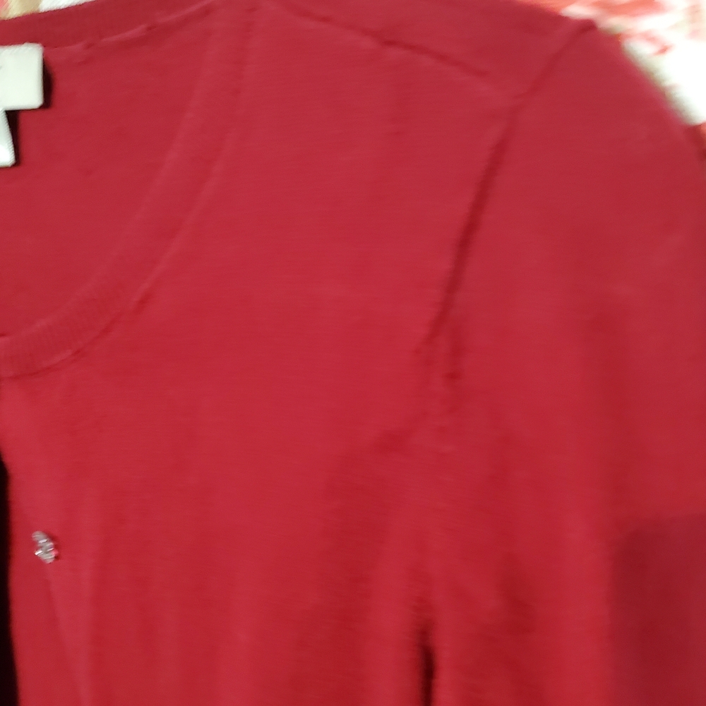LOFT Deep Red Button-Front Crewneck Cardigan - Picture 4 of 8